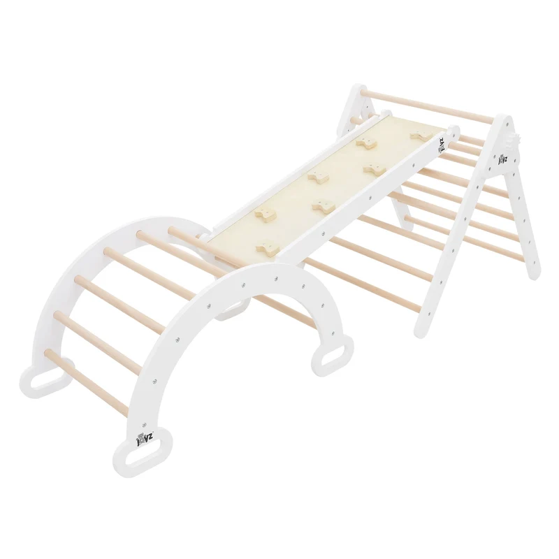 Kletterdreieck 3 in 1 Set 188x52x60 cm Natur aus Holz inkl. Rutsche & Kletterbogen Joyz
