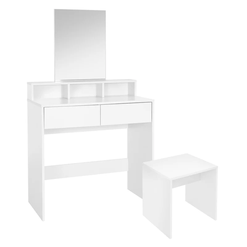 Schminktisch Frisiertisch 80x40x140 cm in Weiß mit Spiegel, 2 Schubladen, 3 Ablagen & Hocker ML-Design