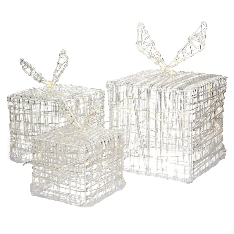 LED Geschenkboxen 3er Set mit 90 LEDs Warmweiß Metallgestell IP44 mit Netzstecker
