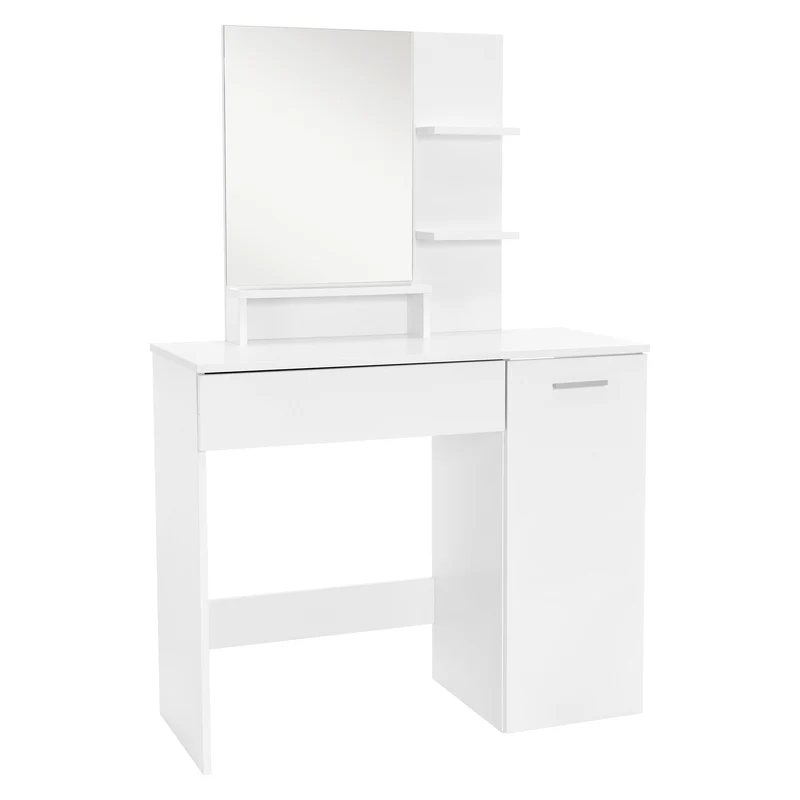Schminktisch Frisiertisch 90x38x138 cm in Weiß mit Spiegel, Schublade, 3 Ablagen & Schrank ML-Design